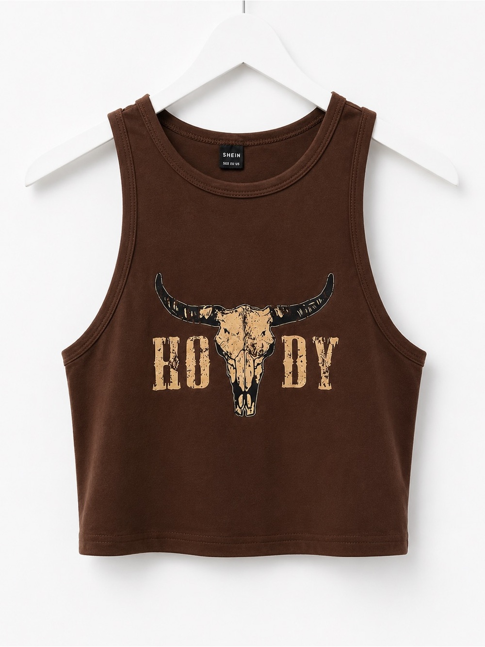SHEIN Brown Cropped Tank with Bull Skull Graphic